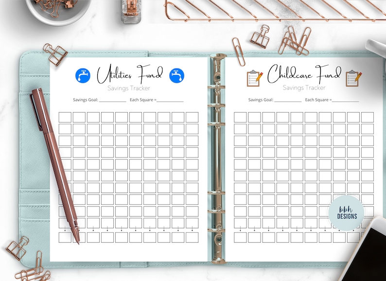May include: A printable savings tracker with two pages. The left page is for a "Utilities Fund" and the right page is for a "Childcare Fund". Each page has a grid of squares to color in as you save money.