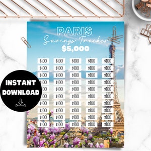 5k Paris Savings Tracker, Imprimible, Savings Goal, Vacation Tracker, Tracker Planner, 5000 travel goal, PNG, Letter Size imagen 5