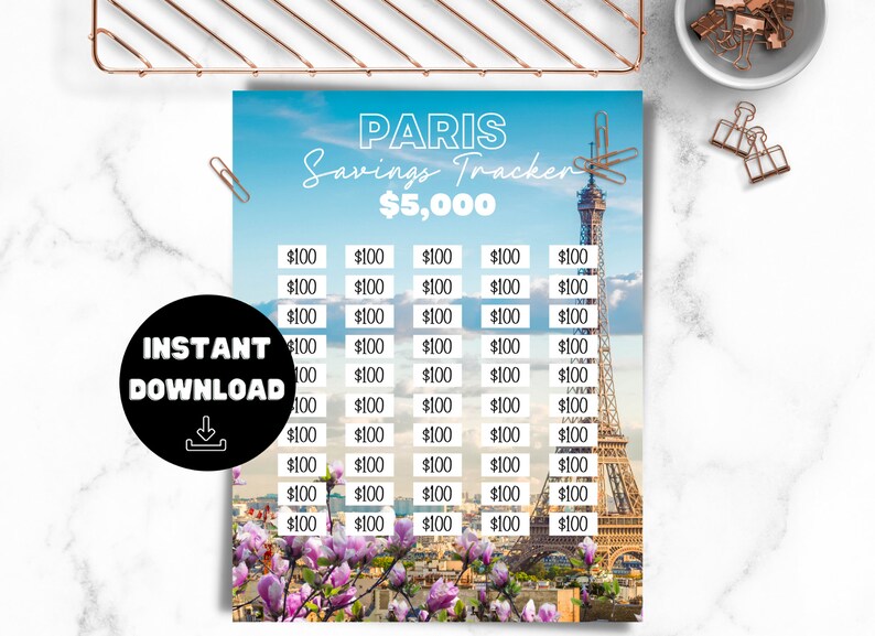 5k Paris Savings Tracker, Imprimible, Savings Goal, Vacation Tracker, Tracker Planner, 5000 travel goal, PNG, Letter Size imagen 5