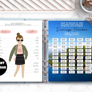 May include: A printable planner page with a savings tracker for a trip to Hawaii. The tracker is designed to save $5,000 and has a blue and green background with a picture of a tropical island. The page also includes a body measurements tracker with a cartoon illustration of a woman.