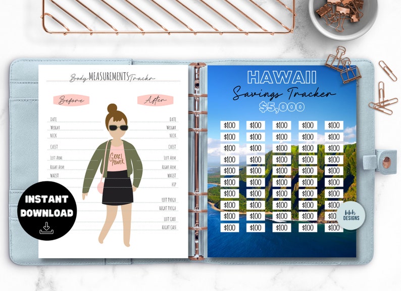 May include: A printable planner page with a savings tracker for a trip to Hawaii. The tracker is designed to save $5,000 and has a blue and green background with a picture of a tropical island. The page also includes a body measurements tracker with a cartoon illustration of a woman.