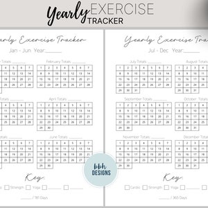 May include: A printable yearly exercise tracker with a black and white design. The tracker is divided into two sections: January to June and July to December. Each month has a grid with numbers 1 to 31, and spaces for marking off days of exercise. The tracker includes a key with checkboxes for cardio, strength, and yoga.