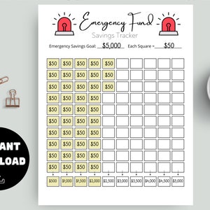 May include: Printable emergency fund savings tracker with a red and white alarm clock graphic. The tracker is designed to help you save $5,000 by marking off $50 increments.