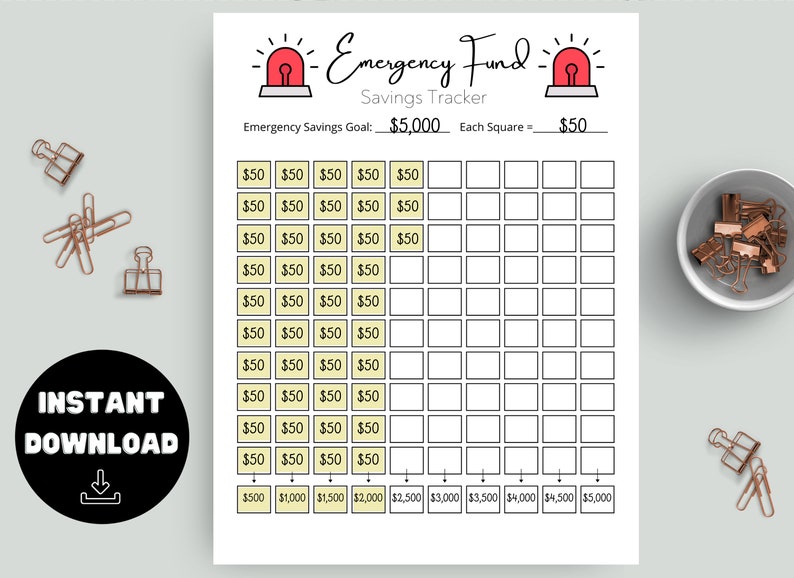 May include: Printable emergency fund savings tracker with a red and white alarm clock graphic. The tracker is designed to help you save $5,000 by marking off $50 increments.