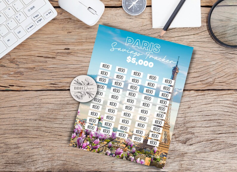 5k Paris Savings Tracker, Imprimible, Savings Goal, Vacation Tracker, Tracker Planner, 5000 travel goal, PNG, Letter Size imagen 7