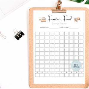May include: A printable furniture fund savings tracker with a grid of squares to color in as you save. The tracker has a title that says "Furniture Fund Savings Tracker" and includes illustrations of a bed and a chair.