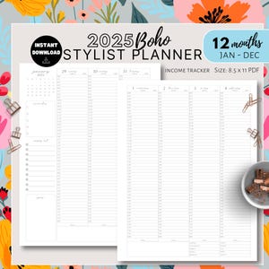 2025 Boho Stylist Dated Planner Esthetician artist Weekly 15 min Income Budget Planner Appointment Book DigitalDownload Scheduling Client