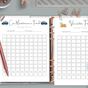 May include: A printable savings tracker sheet with two sections, one for a car maintenance fund and one for a vacation fund. Each section has a grid of squares to color in as you save money. The sheet includes the text "Car Maintenance Fund" and "Vacation Fund" with a small car and suitcase icon next to each title.