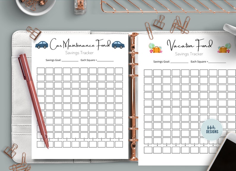 May include: A printable savings tracker sheet with two sections, one for a car maintenance fund and one for a vacation fund. Each section has a grid of squares to color in as you save money. The sheet includes the text "Car Maintenance Fund" and "Vacation Fund" with a small car and suitcase icon next to each title.