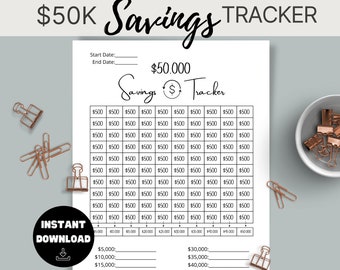 May include: A printable $50,000 savings tracker with a grid of 100 squares, each representing $500. The tracker includes a section for recording start and end dates, and a progress bar to track savings milestones.
