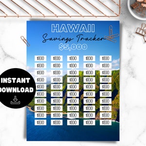 May include: A printable savings tracker with a tropical Hawaiian beach scene. The tracker is designed to help you save $5,000. Each row has five boxes labeled "$100".