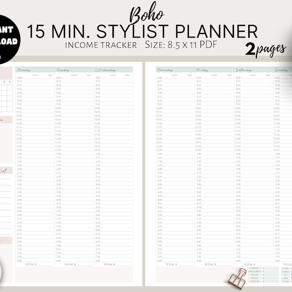 15 MIN Weekly Income Planner, Hair Stylist, Nail Tech, Makeup Artist, Daily Planner, Printable Letter size