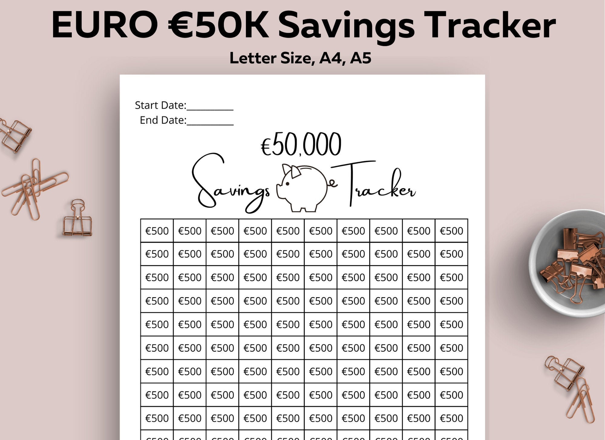 EURO 50k Savings Tracker Printable Savings Goal Savings Etsy