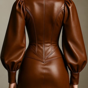 May include: A brown leather dress with long, voluminous sleeves and a fitted bodice. The dress features a high neckline and a tailored silhouette, with seams that accentuate the figure. The dress is made of a smooth, shiny leather material.