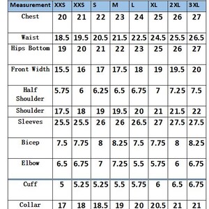 May include: A size chart for men, with measurements for chest, waist, hips, front width, shoulder, sleeves, bicep, elbow, cuff, collar, back width, and back length. Sizes range from XXS to 3XL, with measurements in inches.
