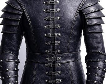Chaqueta de armadura de cuero negro para hombre / Disfraz de cosplay de fantasía medieval / Traje gótico LARP renacentista / Abrigo de batalla de guerrero steampunk