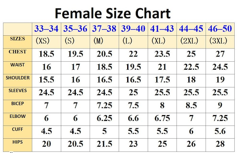 May include: A female size chart with measurements in inches. The chart includes sizes XS to 3XL, with chest measurements ranging from 18.5 to 27 inches, and waist measurements from 16 to 24.5 inches.