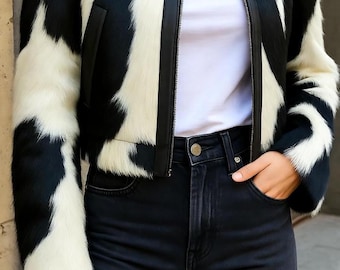 Giacca di lusso in vera pelliccia di mucca per donna - Cappotto corto in vera pelle di mucca con pelo su pelle, capospalla invernale alla moda firmato