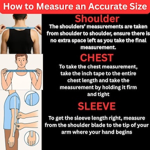Puede incluir: Gr&aacute;fico negro con texto rojo que explica c&oacute;mo medir para ropa. Muestra diagramas para las medidas de hombros, pecho y mangas. El texto proporciona instrucciones para cada medida, utilizando una cinta m&eacute;trica.