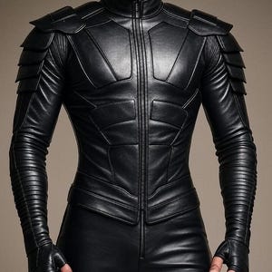 May include: A black leather jacket with a high collar and a zipper closure. The jacket features padded shoulders and a fitted design. The sleeves are long and have a ribbed texture. The jacket is part of a matching leather outfit.