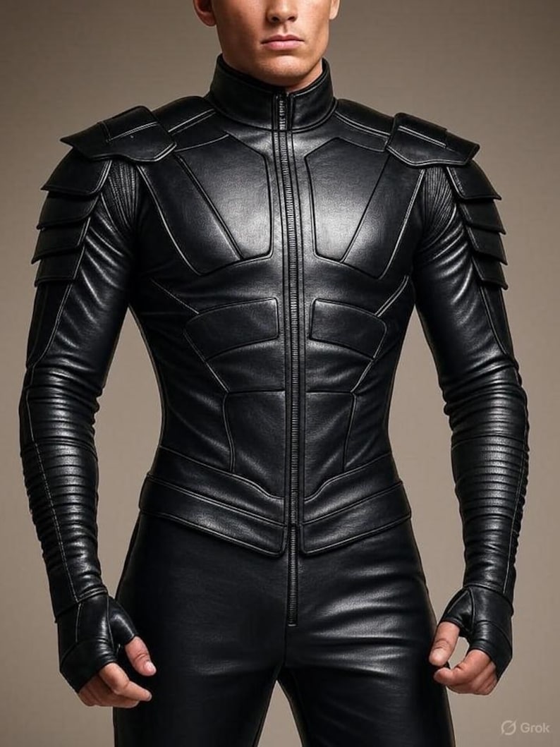 May include: A black leather jacket with a high collar and a zipper closure. The jacket features padded shoulders and a fitted design. The sleeves are long and have a ribbed texture. The jacket is part of a matching leather outfit.
