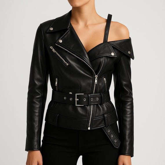 Black Asymmetrical off Shoulder Leather Biker Jacket for Women