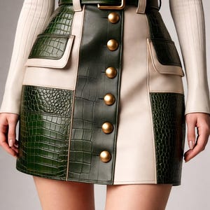 May include: A stylish skirt featuring a patchwork design with green crocodile-embossed leather panels, cream-colored sections, and gold-tone button details. The skirt is accented with a green belt with a gold buckle.