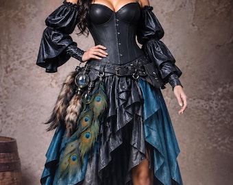 Women's Pirate Renaissance Leather Costume Set with Corset, Tricorn Hat, Knee High Boots, Medieval Steampunk Halloween Costume