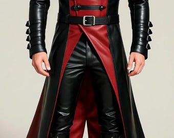 Handmade Black and Red Trench Coat, Genuine Leather Mens Gothic Long Coat, Premium Leather Winter Coat, Leather Costume, Gift for Him