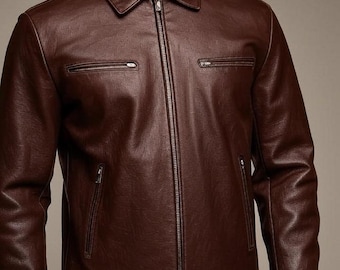 Handmade Dark Brown Cowhide Leather Biker Jacket For Men - Classic Vintage Style Motorcycle Rider Coat - Genuine Leather Jacket