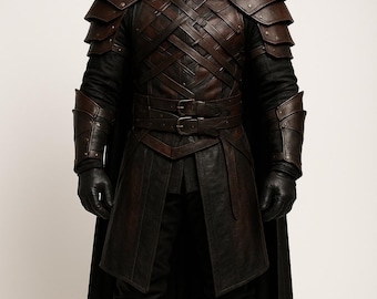 May include: A full-length shot of a dark brown and black leather costume with a hooded cloak. The costume features shoulder armor, a belted waist, and long coat-like panels. Black gloves and boots complete the ensemble.