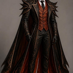 May include: A long black coat with intricate dark patterns, structured shoulder armour, and a flowing cape featuring a fiery orange and red flame-like lining. The ensemble includes a rust-coloured patterned waistcoat, a white shirt, a black tie, and black trousers.