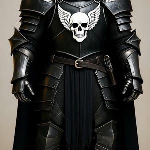 Könnte beinhalten: Eine vollständige schwarze Rüstung mit Kapuze. Die Rüstung hat ein weißes Totenkopfemblem mit Flügeln auf der Brust. Ein schwarzer Umhang und ein Gürtel mit Schnalle vervollständigen die mittelalterliche Ritterästhetik.