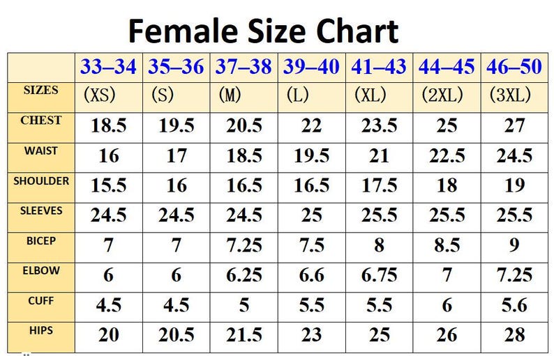 May include: A female size chart with measurements in inches. The chart includes sizes XS to 3XL, with chest measurements ranging from 18.5 to 27 inches, and waist measurements from 16 to 24.5 inches.