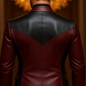 May include: A burgundy and black leather blazer. The back of the blazer is visible, showcasing a black yoke design against the burgundy body. The blazer has a classic tailored fit, with a notched lapel and a two-button closure.
