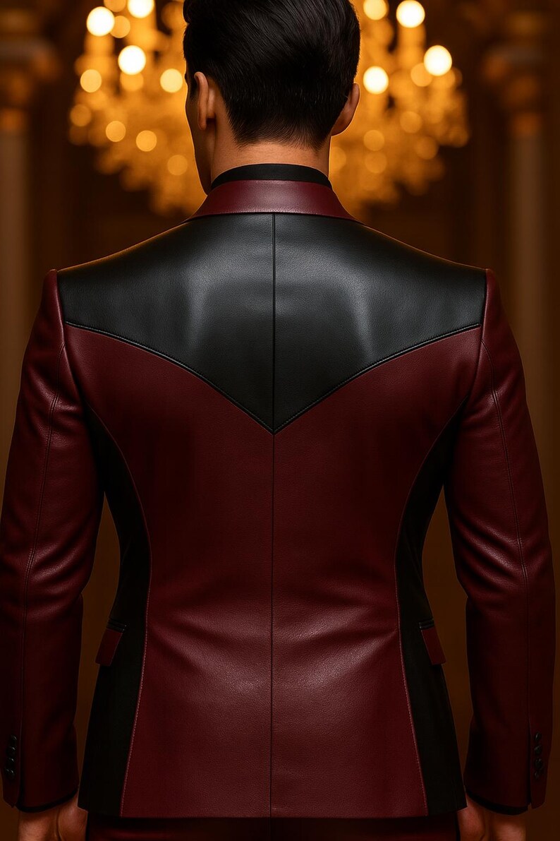 May include: A burgundy and black leather blazer. The back of the blazer is visible, showcasing a black yoke design against the burgundy body. The blazer has a classic tailored fit, with a notched lapel and a two-button closure.