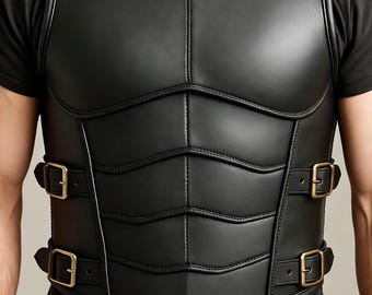 Black Leather Armor Vest, Geometric Medieval Cuirass, LARP Chest Armor, Renaissance Fair, Cosplay Costume, Fantasy Leather, Steampunk Gear