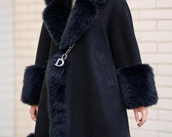 Women's Black Afghan Shearling Coat,Vintage 70s Penny Lane Style Long Coat,Genuine Sheepskin Suede Leather with Fur Lining,Warm WinterJacket