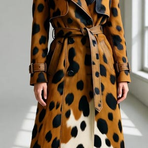 Könnte beinhalten: Ein langer Trenchcoat mit einem auffälligen, braun-schwarzen Fleckenmuster. Der Mantel hat einen schwarzen Kragen, einen Gürtel in der Taille und braune Lederdetails. Der untere Teil hat ein weißes und schwarzes Fleckenmuster.