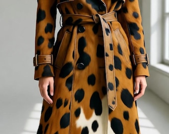 Luxury Women Cowhide Leather Trench Coat,Genuine Hair on Hide Long Jacket,Leopard Print Fur, Designer Winter Overcoat,Handmade Vintage Style