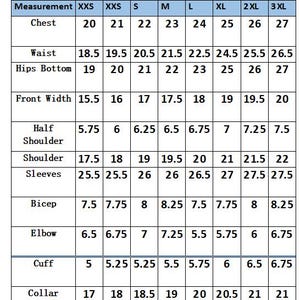May include: A size chart for men, with measurements for chest, waist, hips, front width, shoulder, sleeves, bicep, elbow, cuff, collar, back width, and back length. Sizes range from XXS to 3XL, with measurements in inches.