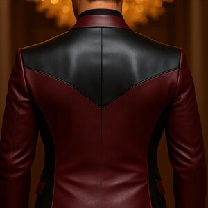 May include: A burgundy and black leather blazer. The back of the blazer is visible, showcasing a black yoke design against the burgundy body. The blazer has a classic tailored fit, with a notched lapel and a two-button closure.