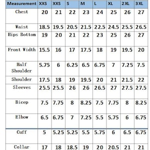 May include: A size chart for men, with measurements for chest, waist, hips, front width, shoulder, sleeves, bicep, elbow, cuff, collar, back width, and back length. Sizes range from XXS to 3XL, with measurements in inches.
