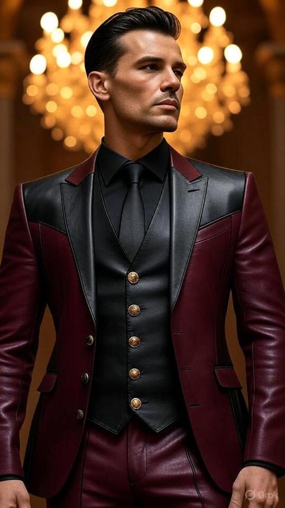 Men's Genuine Leather Tuxedo Jacket-Black & Red Regal Suit Jacket-Luxury Handmade Custom Leatherwear-Formal Leather Blazer-Wedding Jacket