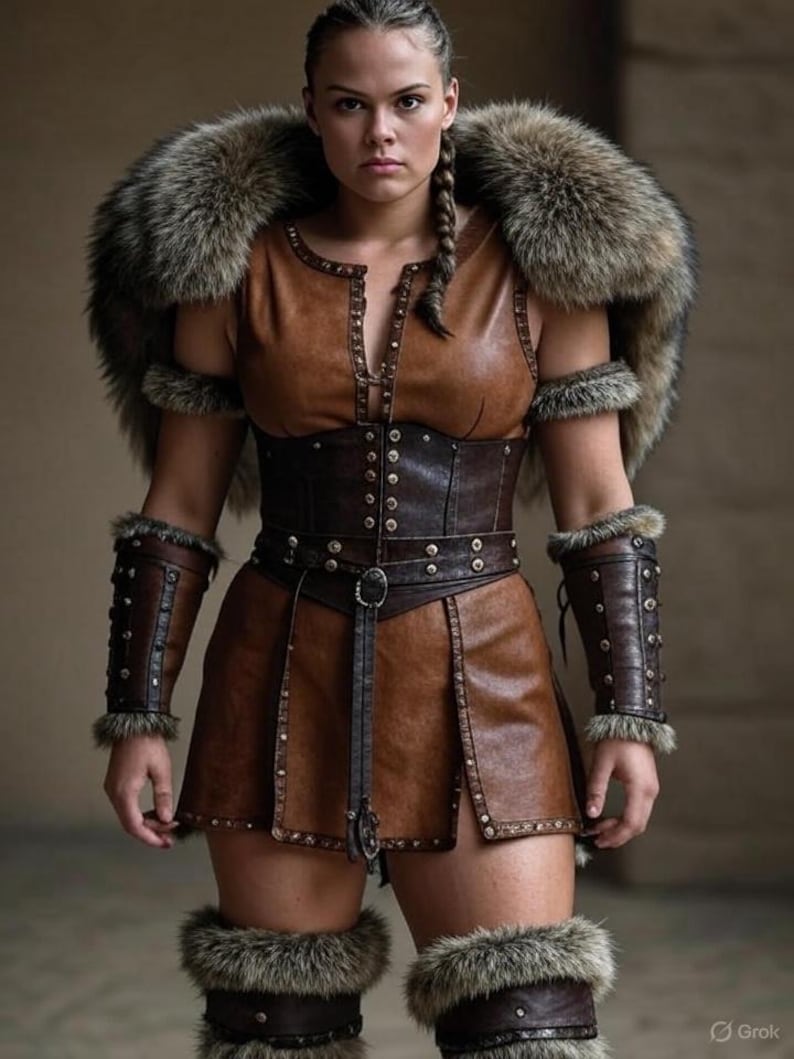 May include: A brown leather costume with fur trim, featuring a sleeveless top, skirt, and arm cuffs. The outfit includes a fur collar and leg warmers. The costume is detailed with metal studs and a belt.