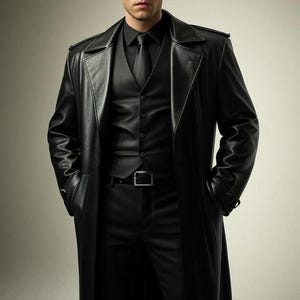 May include: A black leather trench coat, vest, dress shirt, tie, and trousers. The long coat has a notched collar and a belt. The outfit is all black and appears to be made of leather. The man is wearing a black outfit.