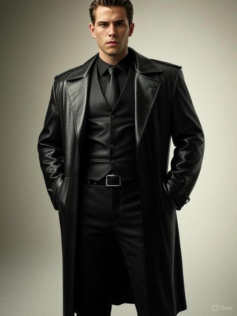 May include: A black leather trench coat, vest, dress shirt, tie, and trousers. The long coat has a notched collar and a belt. The outfit is all black and appears to be made of leather. The man is wearing a black outfit.