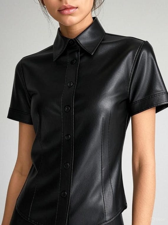 Black Faux Leather Button up Shirt,short Sleeve Collared Top for
