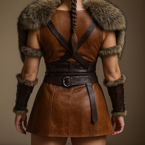 May include: A brown leather costume with fur accents. The outfit includes a sleeveless top, skirt, belt, and arm cuffs. Fur trim adorns the shoulders, cuffs, and boots. The model has a long braid.
