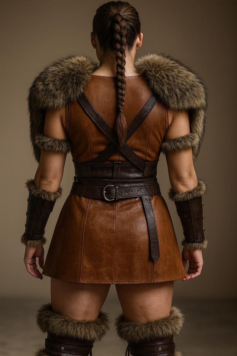 May include: A brown leather costume with fur accents. The outfit includes a sleeveless top, skirt, belt, and arm cuffs. Fur trim adorns the shoulders, cuffs, and boots. The model has a long braid.